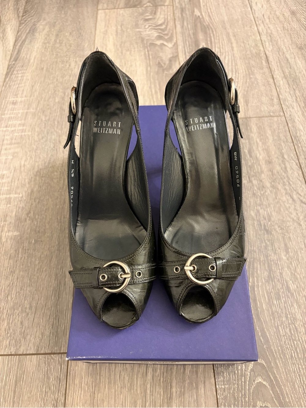 Stuart Weitzman Black Patent Leather Peep Toe Slingbacks Womens US 5.5